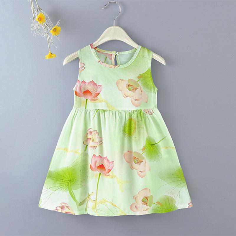 Girls' Floral Summer Princess Beach Dress, Cotton Silk Tank, A-line Skirt