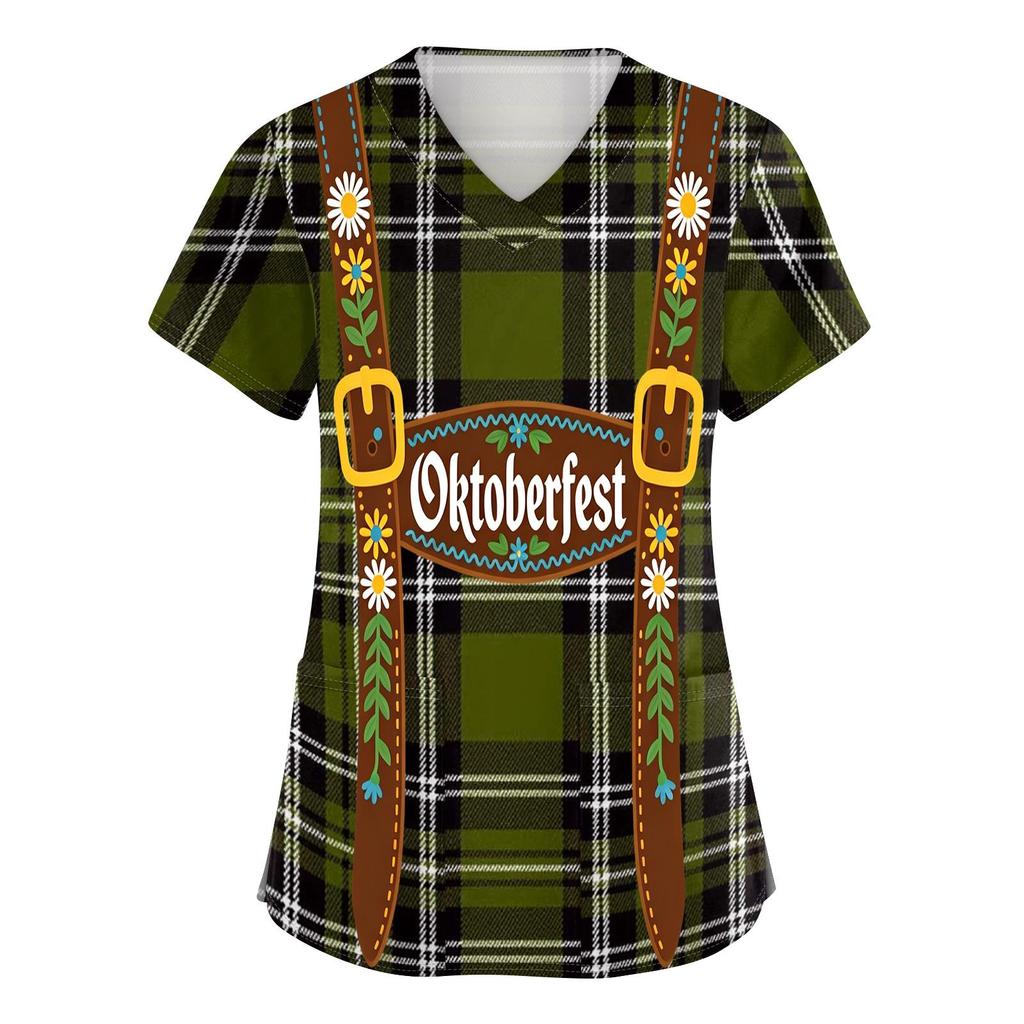 Women's V Neck Short Sleeve Work Shirt with Pockets Oktoberfest Print Lightweight Comfortable Fit Casual Top for Healthcare and Service Staff