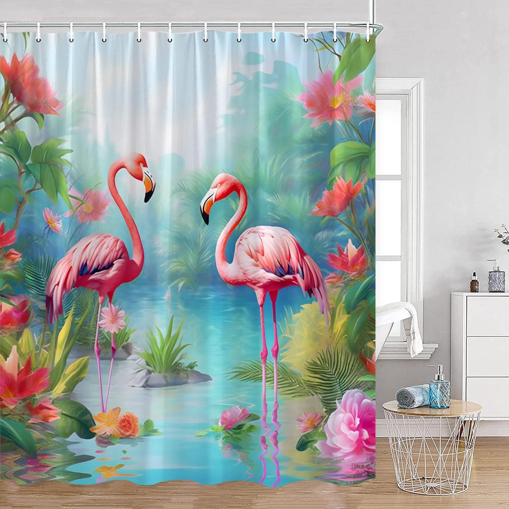 Flamingos Shower Curtains Tropical Leaves Pink Birds Green Plants Bathroom Curtain Polyester Fabric Home Decorations with Hooks