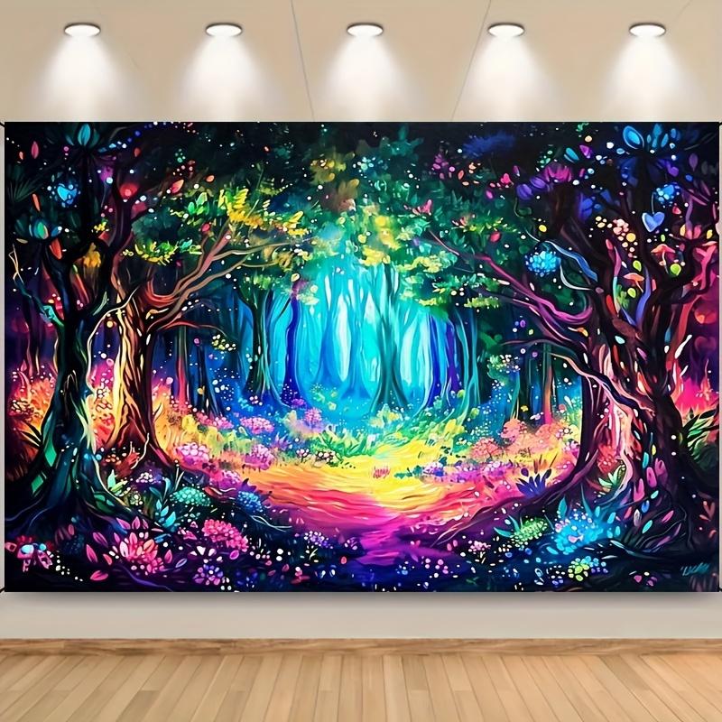 Magical Forest with Neon Background Cloth Psychedelic Plant Wall Hanging Bedroom Living Room Background