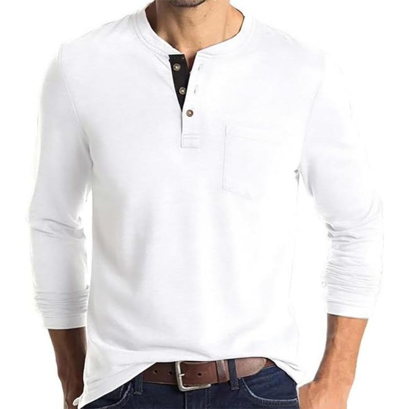Fashionable Men's Henley Shirt Long Sleeve Button-up T-shirt with Pocket Digital Print Solid Pattern