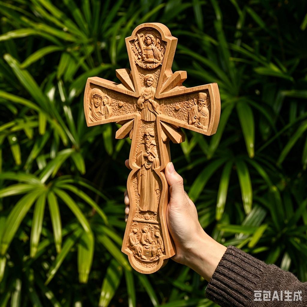 Gold-Trim Natural Log Wooden Cross-Shaped Hanging Art Ornament Wall Decor