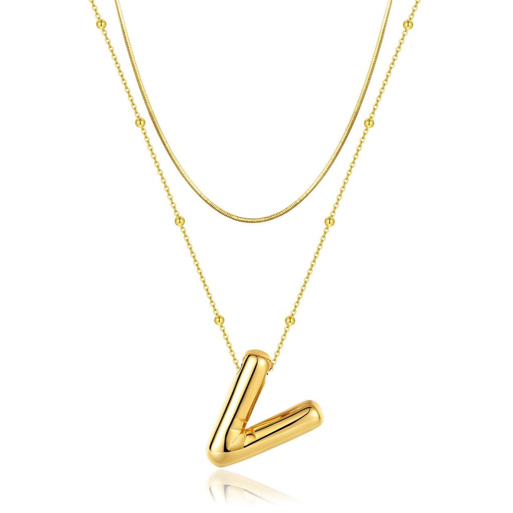 14K Double Round Snake Bone Chain Bead Chain Biscuit Balloon Letter Neck Chain Bubble Letter Foam Letter Necklace