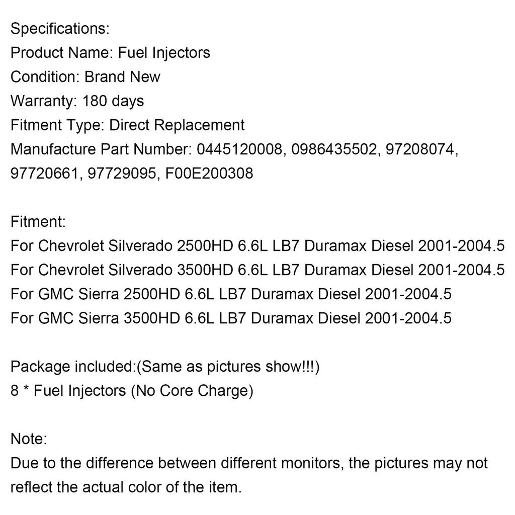 8PCS Fuel Injectors 0445120008 Fit for Duramax Fit for Chevy Silverado 2001-2004.5