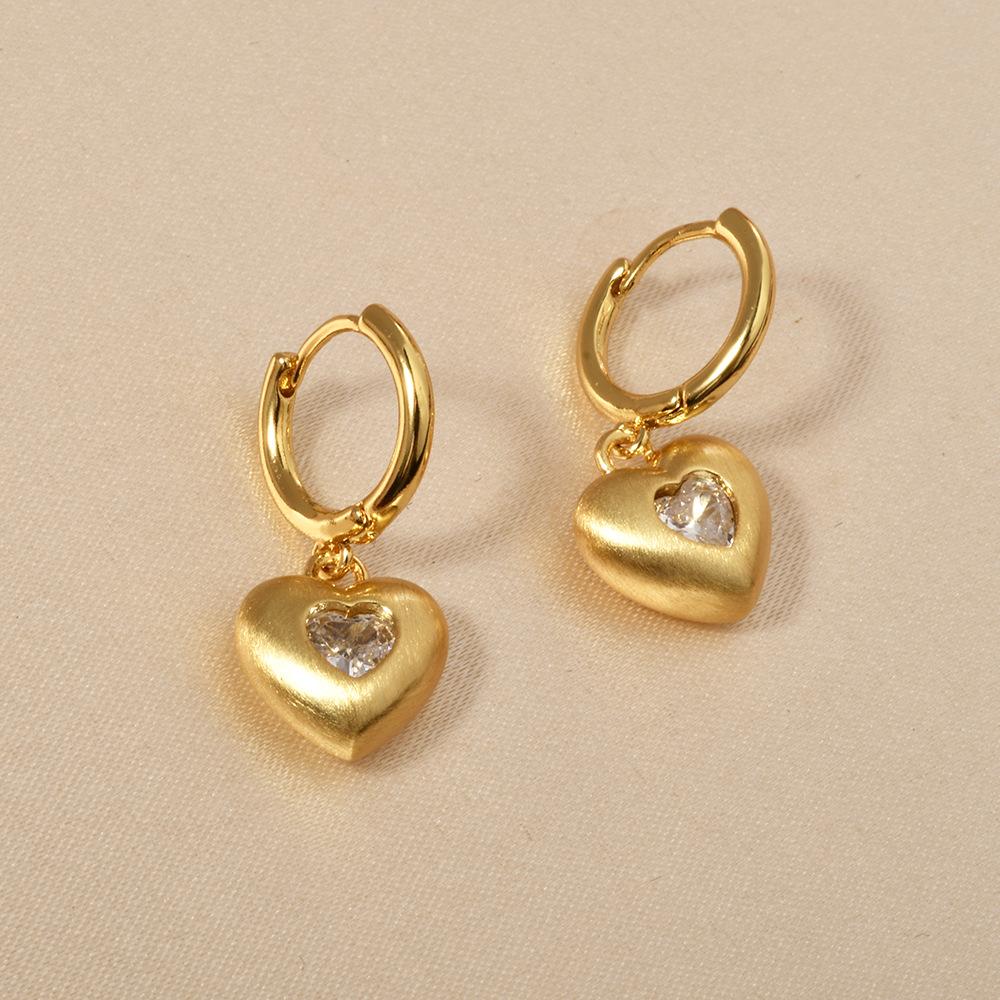 2026 French Style Brushed Heart Huggie Earrings - Matte Gold Silver Zircon Inlaid Heart Drop Earrings for Women Niche Design Jewelry