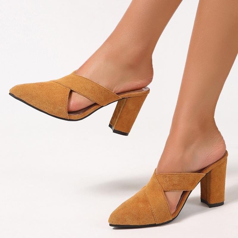 Women's Wide Width High Heel Mules, Chunky Heel Closed-Toe Slides, European Wholesale Slippers for Women