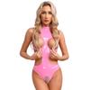 Womens Wet Look Patent Leather Bodysuit Mock Neck Sleeveless Tempting Catsuit Jumpsuit Nightwear