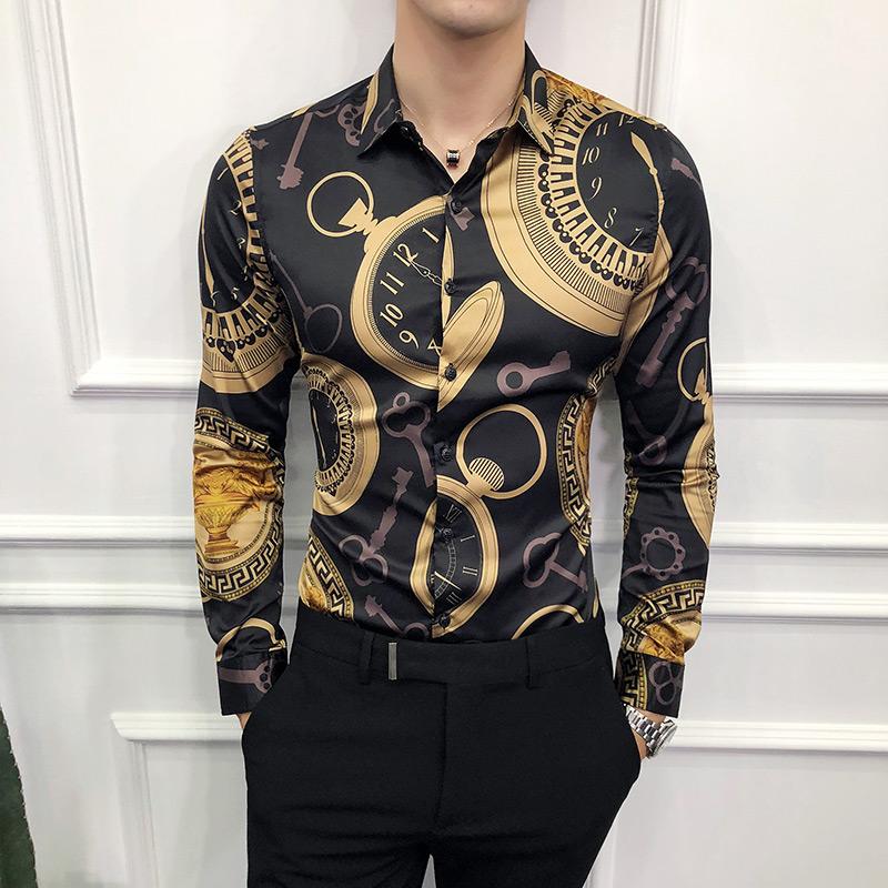 Vår Lyx Guldtryck Casual Skjorta Herr Mode Fest Långärmad Skjorta Slim Fit Smoking Skjortor Nattklubb Arbete Social Skjorta