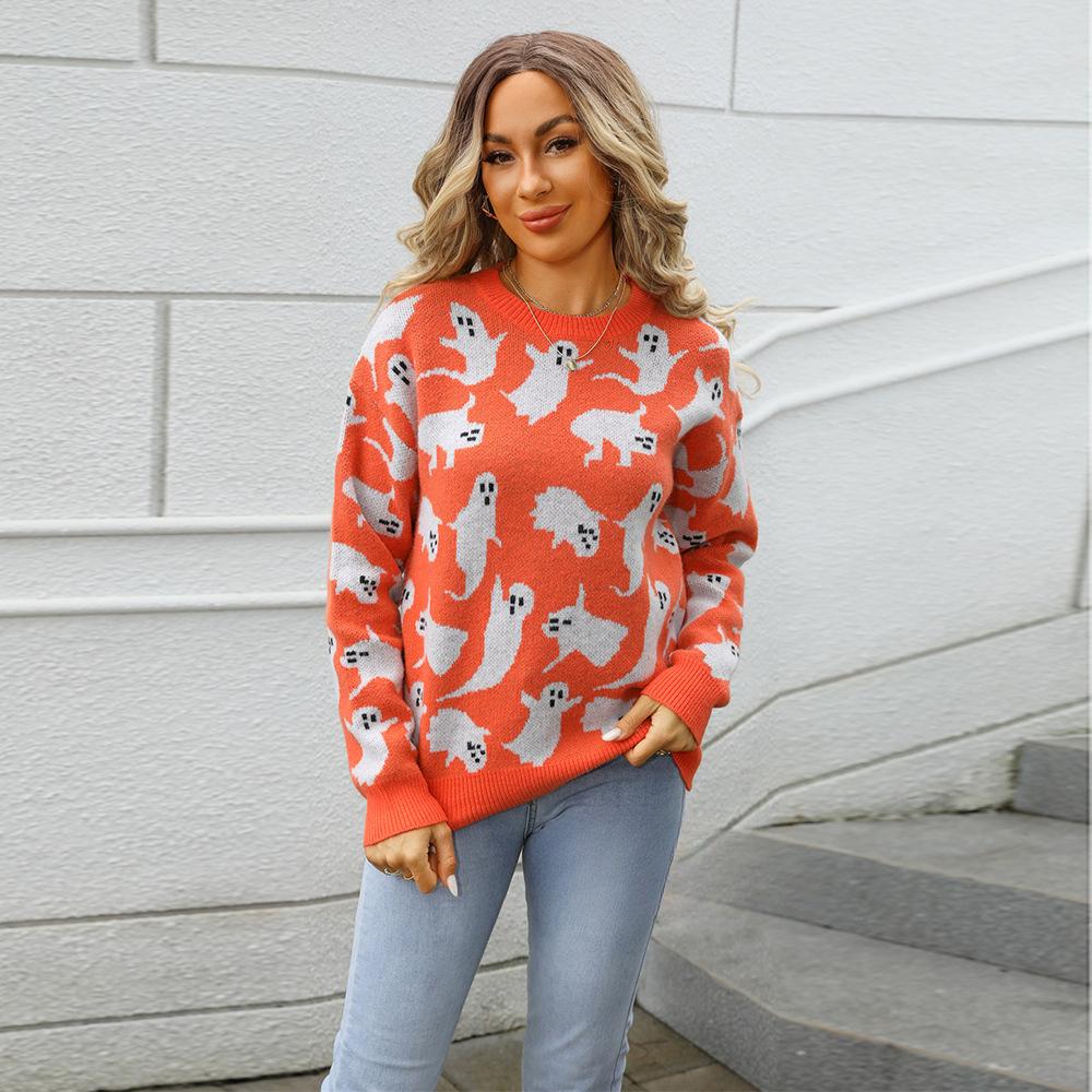 

New Autumn and Winter Halloween Personalized Sweater Pullover Plate-size Knitted Sweater XL помаранчевий