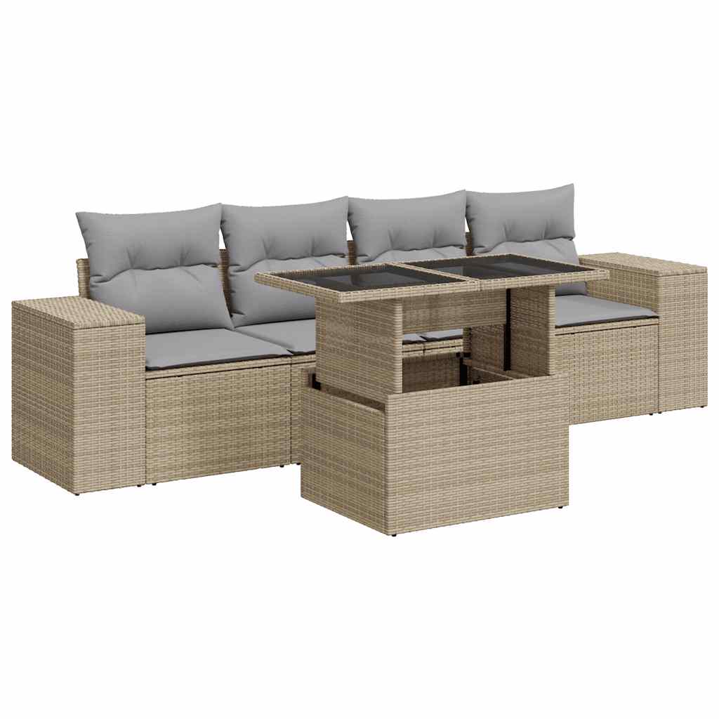 Vidaxl 5-Cz. Garden Furniture Set With Cushions, Beige, Poly Rattan
