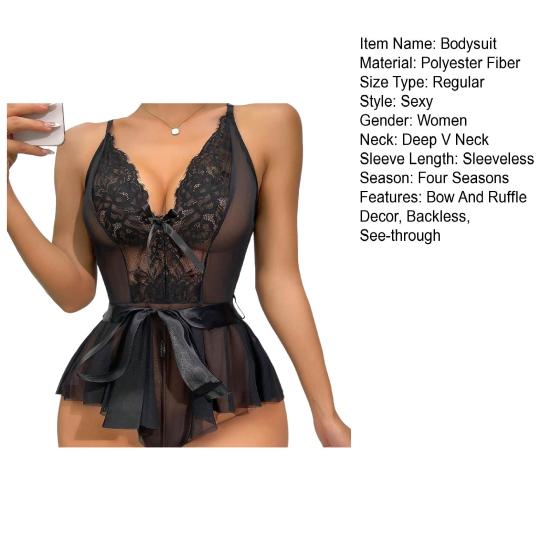 Women Bedroom Bodysuit V Neck See-through Lace Patchwork Bow Ruffle Playsuit Off Shoulder Backless Adjustable Spaghetti Strap Nightdress for