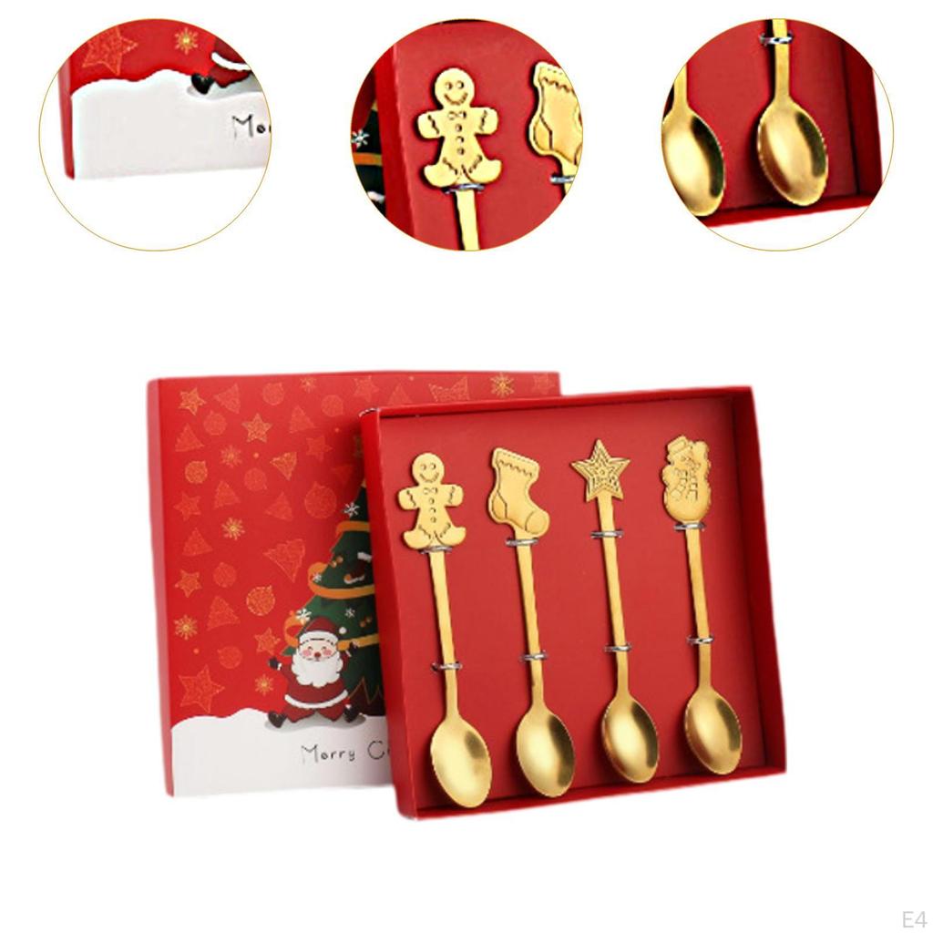 4Pcs Christmas Spoon Set Tea Flatware Portable Kitchen Utensils Dessert Xmas Cutlery