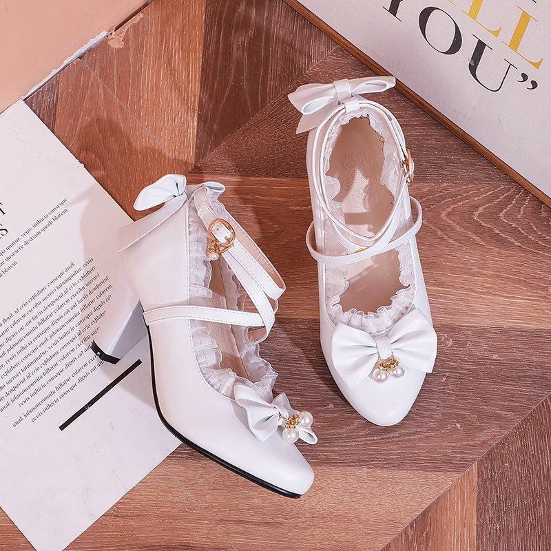 Japanese Soft Girl Mary Jane Shoes Thick Heel High Heel Lolita Sandals Lace Bow Girl Shoes Student Shoes Single Shoes