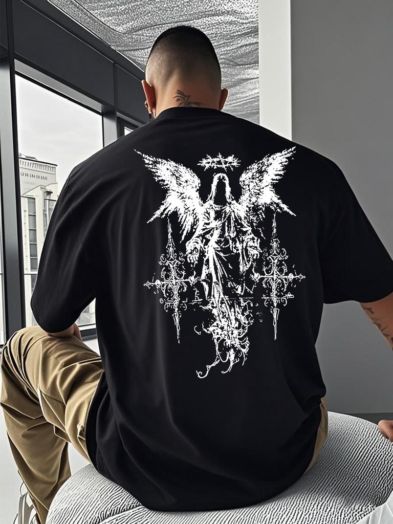 European Size Casual Angel Cross Print Short Sleeve T-Shirt for Men,Loose Fit, Crew Neck, Slight Stretch Fabric, Perfect for Summer