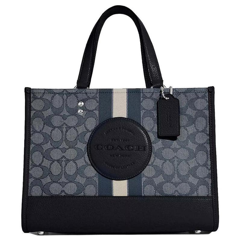 

COACH handbag Dempsey 30 striped letter logo printed chambray fabric spelled cow leather Tote bag Tote bag shopping bag hand-held shoulder crossbody синій