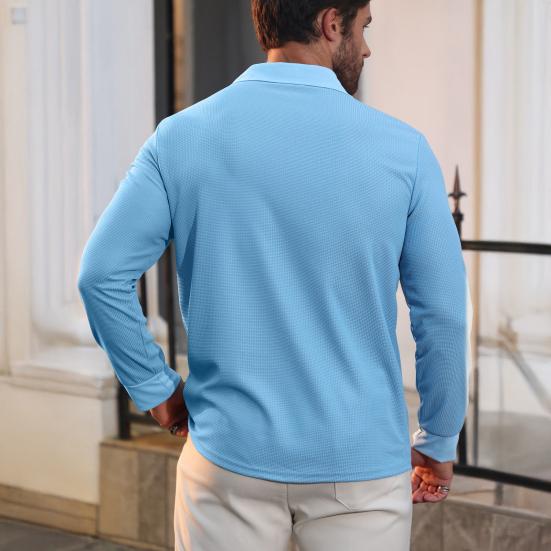 Men Waffle Golf Shirt Long Sleeve Turndown Collar Shirt Quarter Button Neck Casual Shirt for Vacation Office Party Date