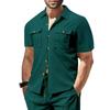 Summer European and American men's waffle short-sleeved casual solid color lapel button-up pocket tooling shirt