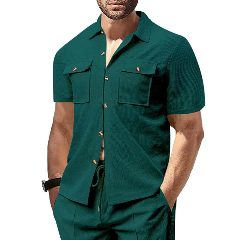Summer European and American men's waffle short-sleeved casual solid color lapel button-up pocket tooling shirt