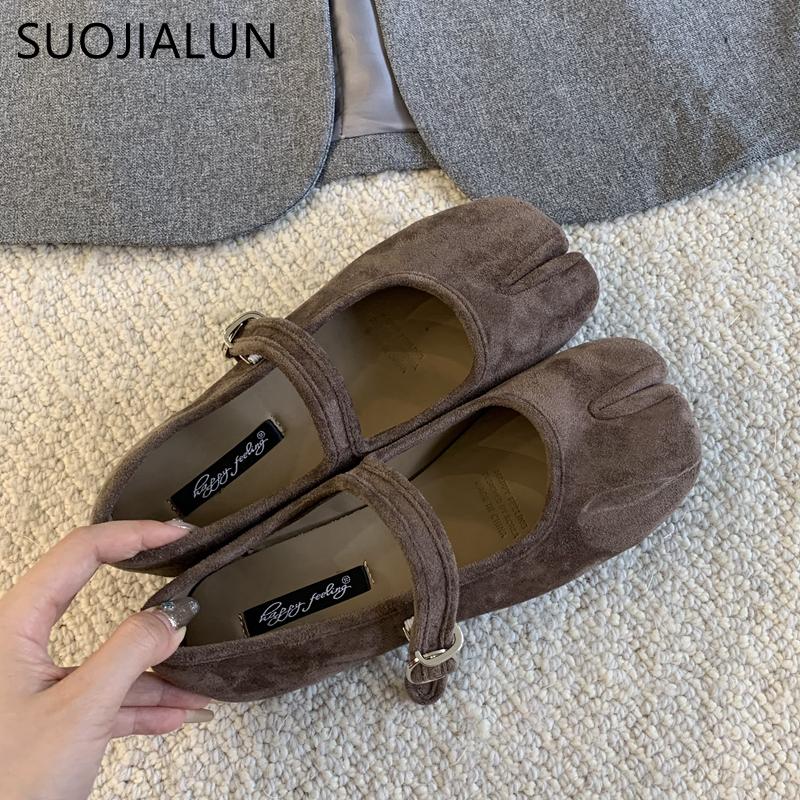 Fashion SUOJIALUN Autumn Women Flat Shoes Fashion Split Toe Slip On Loafer Shoes Flat Heel Soft Leather Casual Outdoor Shallow Ballerina