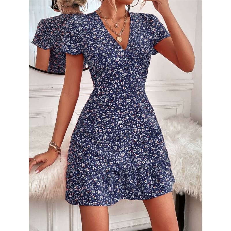 Summer Chic Floral Print V Neck Dress With Ruffle Hem For Casual And Beach Wear