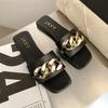Fashion Wide Fit Slip-On Metal Chain Decor Slides For Women, Breathable Open-Toe Summer Casual Sandals With Adjustable Strap