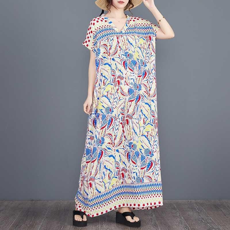 Real Spot Summer New Fresh Cotton Silk Positioning Flower Bohemian Robe Dress V-neck Robe Women