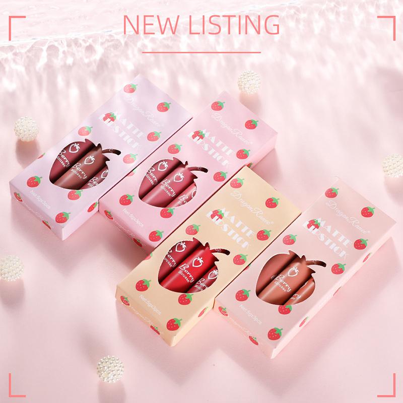 3 Strawberry Suit Velvet Matte Lip Gloss Lipstick Lip Gloss Female Non-stick Cup Cute Suit