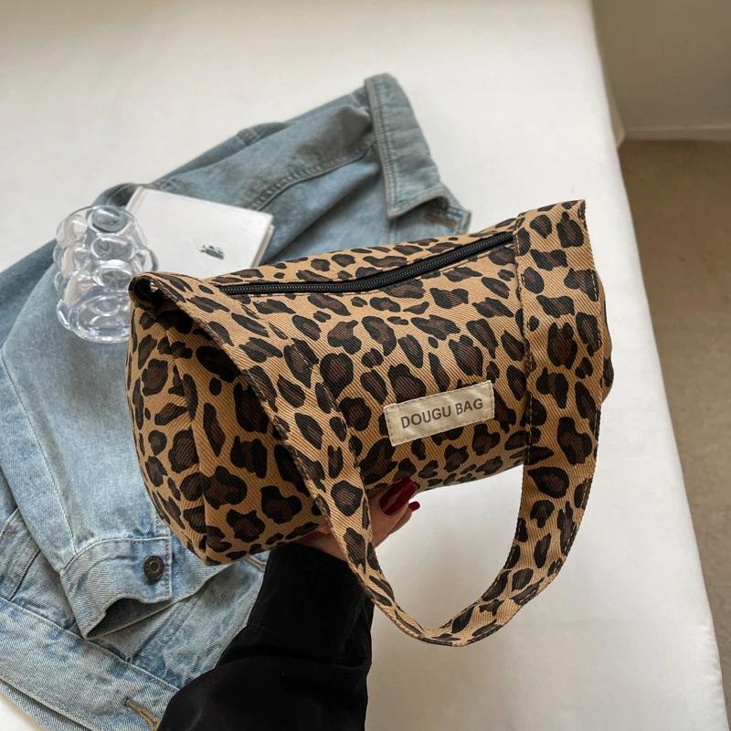 Geantă de damă Pânză cu imprimeu leopard Modă Geantă de umăr pentru femei Versatilă Casual Navetă Geantă de mână Boston