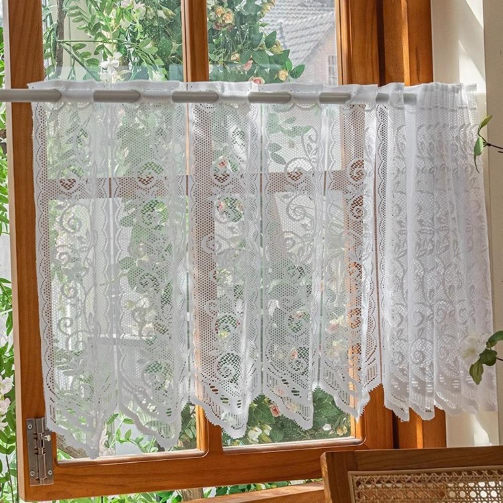 Floral Embroidery Short Window Curtain Translucent Partition Short Valance Bookstore 55.12x17.72 in-Style B