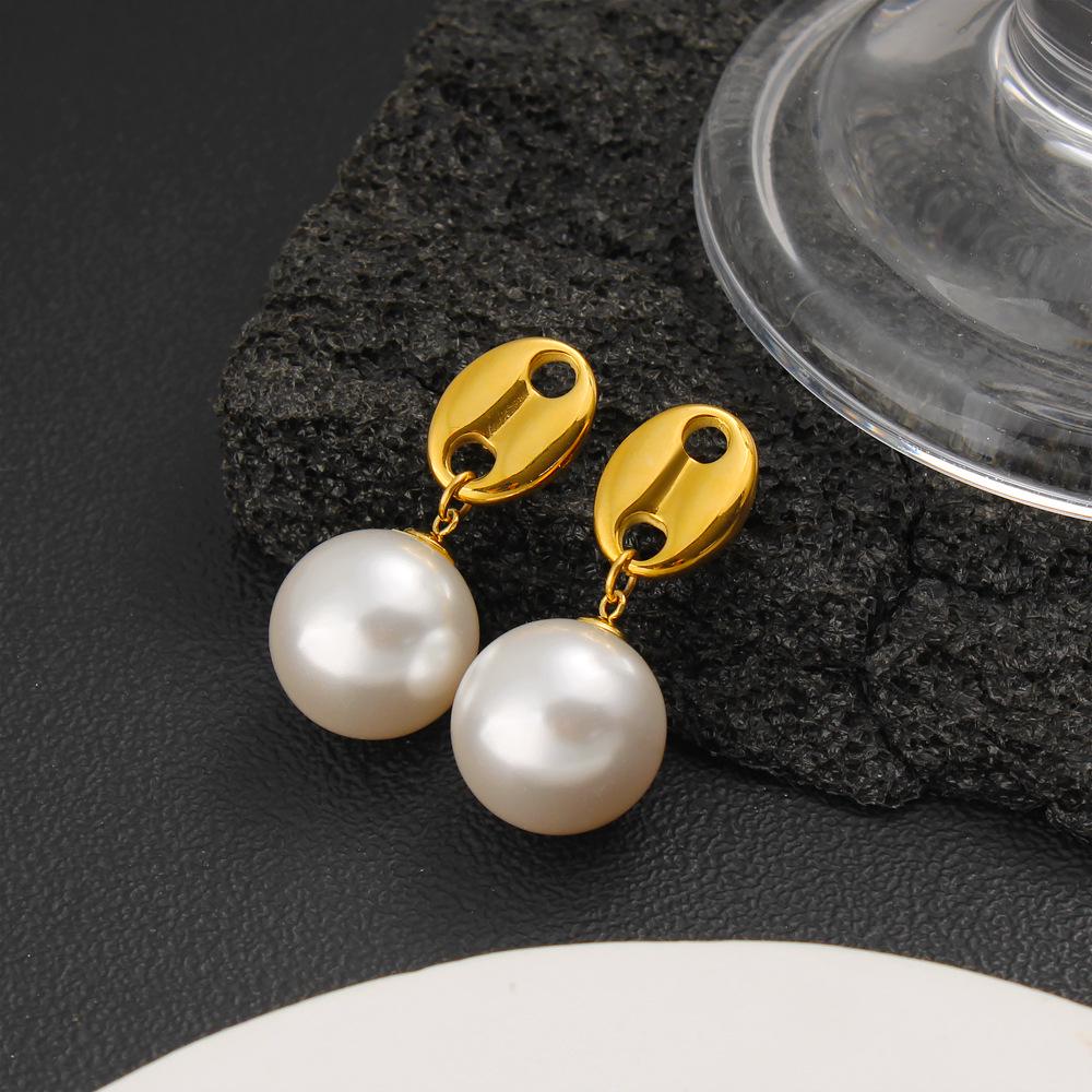 Trendy Pig Nose Big Pearl Dangle Earrings, 18K Gold Stainless Steel, European  American Design