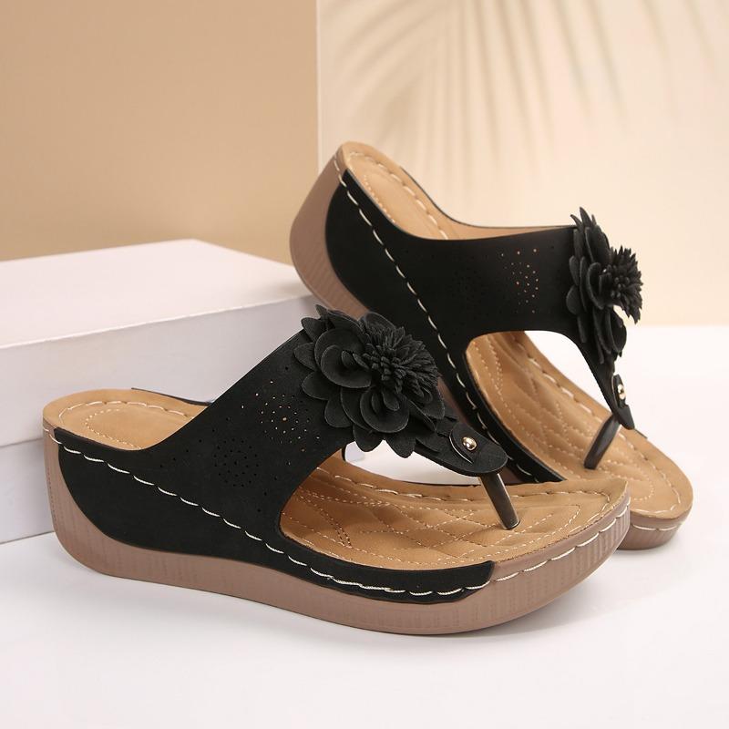 Flower platform flip-flops women's new summer fashion casual wedge heel pinch foot platform beach shoes