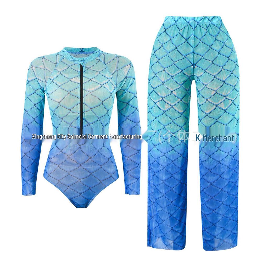 Russian Fish Scale Mesh Long Sleeve Swimsuit