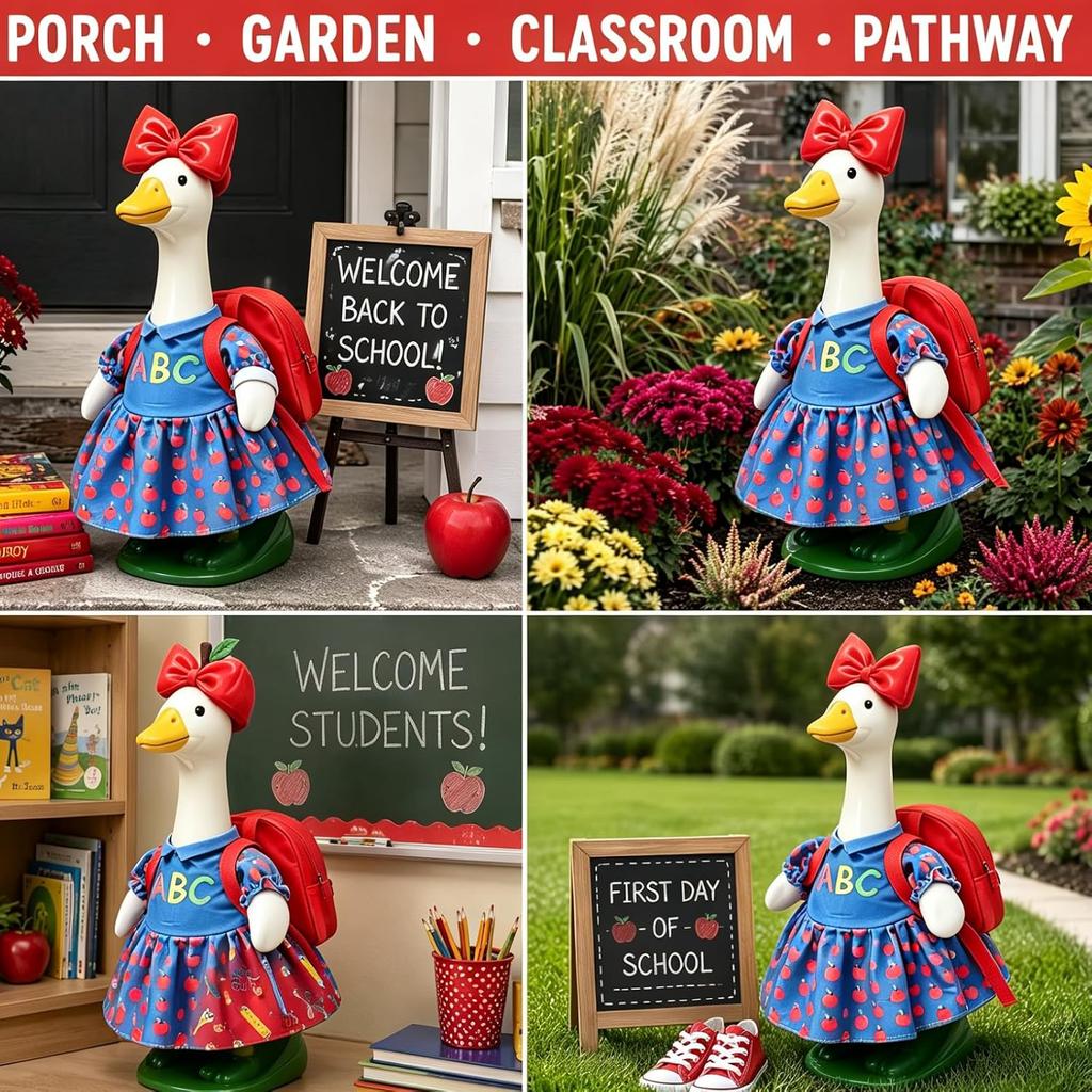 23 Inch Porch Goose Costume Back to School Student Outfit Printed Dress Hat Backpack Pencil Accessories for Outdoor Garden Yard Lawn Decor