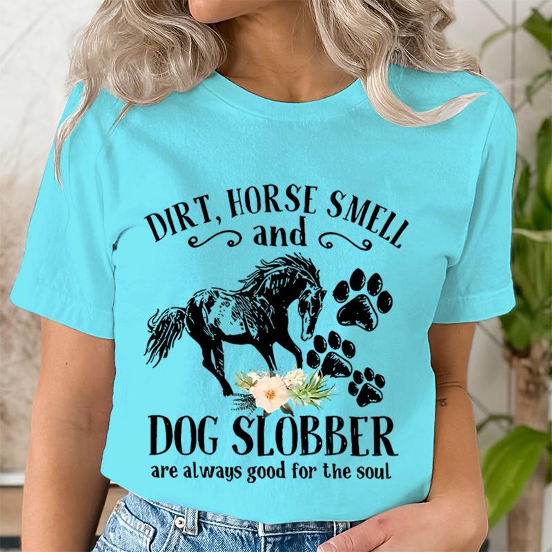 Horse Smell and Dog Slobber TShirts Women Dog Paw Floral Tshirts Short Sleeve Trendy Tee Shirt Tops Women Wild Horse T Shirts
