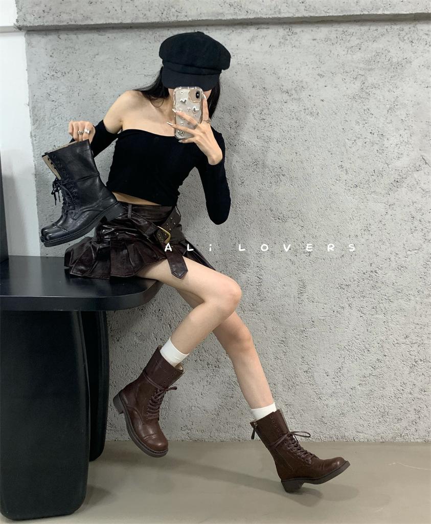 French Catwalk Retro Martin Boots British Style Women's Square Head Cowhide Polished Color Old Medium Tube Lace-up Locomotive Boots