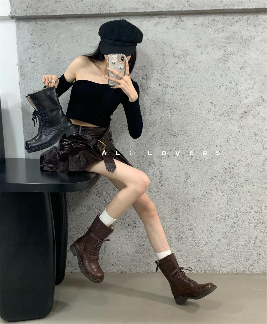 

French catwalk retro Martin boots British style women s square head cowhide polished color old medium tube lace-up locomotive boots 39 світло-коричневого кольору