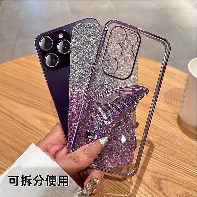 Applicable to Samsung S25ULTRA mobile phone case A05 electroplating glitter NOTE20 diamond-encrusted quicksand butterfly bracket A53 set