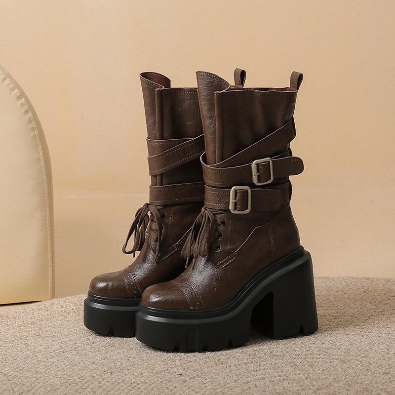 12cm Thick Sole Mid-Tube Women's Boots Retro Western High Heels Autumn Winter Fashionable Chunky Heel Booties