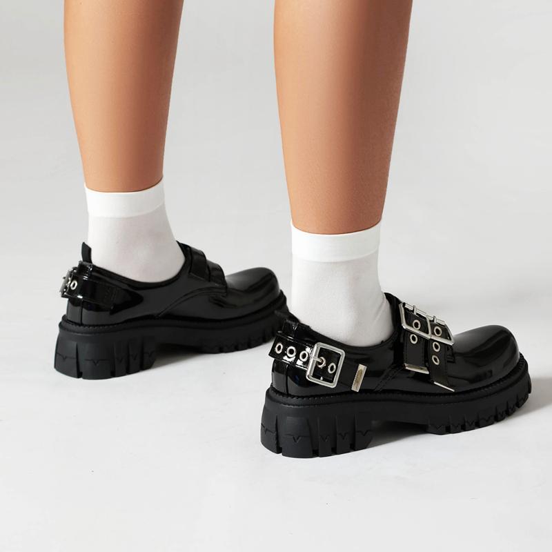 Rock Oxfords Gothic Round Toe Platform Goth Shoes Punk Metal Buckle Women's Thick Bottom Belts Pumps Chunky High Heels Plus Size
