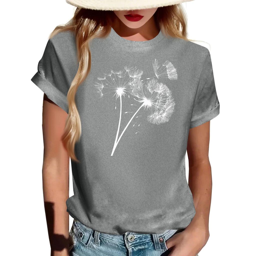 Women's Fashionable Round Neck Casual Retro Print Short Sleeved T-shirt Top