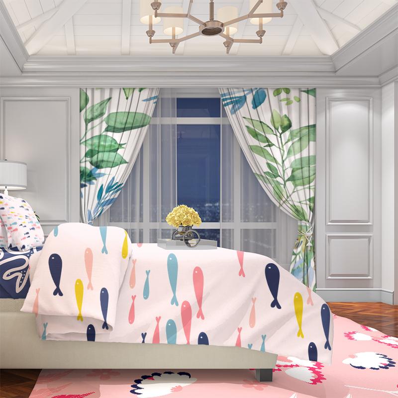 2Pcs- Green Leaf - Printed Curtain -100% Polyester Material for Bedroom Curtains and Living Room Decoration.