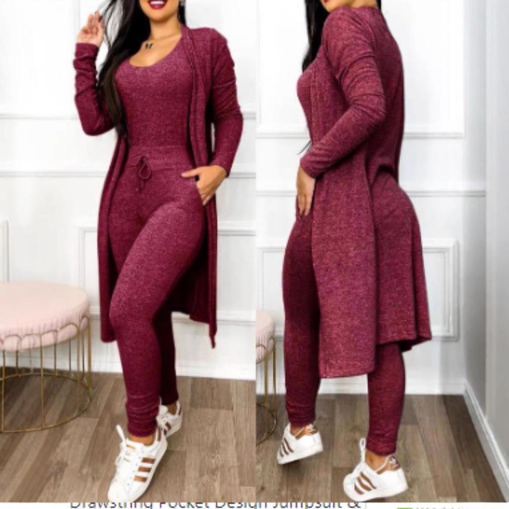 

Autumn/Winter Fashion Long-Sleeved Jumpsuit & Cardigan Set Extra Large