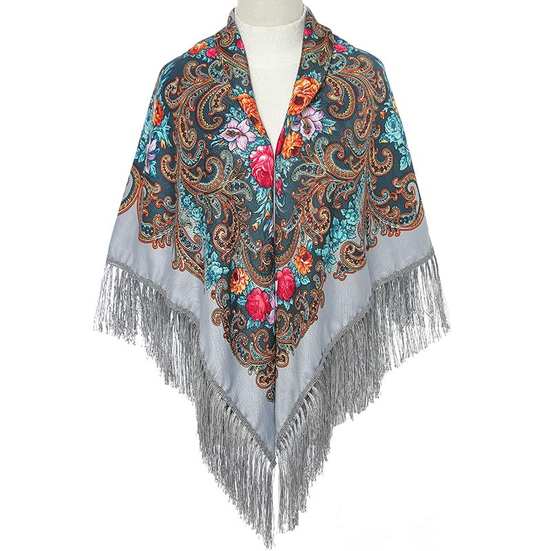 51*51In Square Women Scarf Shawl Ukrainian Embroidery Retro Fringed Cotton Print Scarves Hijab Wraps Russian Cape Bandana