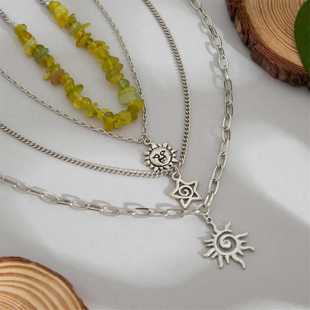Stylish Stackable Sun and Star Necklace Set Multilayer Clavicle Chain Gravel Bead Jewelry For Casual Or Formal Outfits