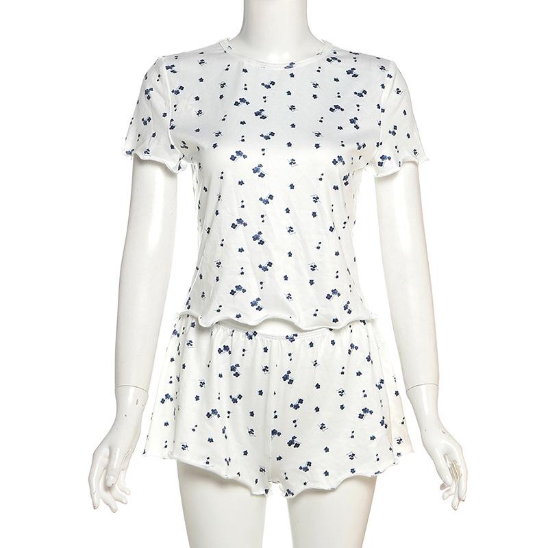 

European and American new summer women s clothing casual fashion slim-fit flower-printed navel pajamas and shorts two-piece set S синий