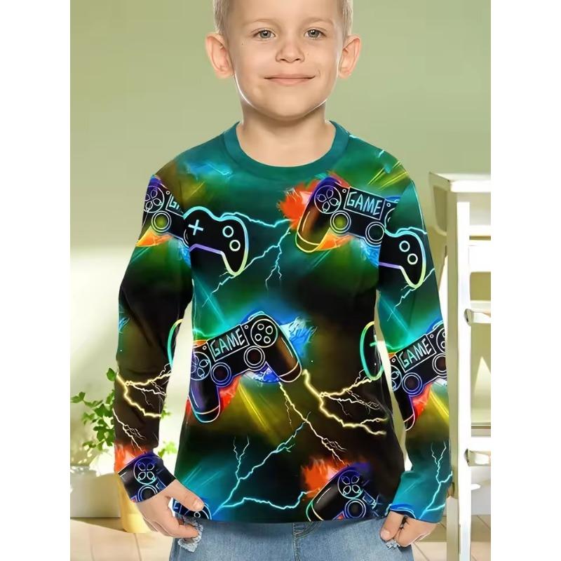 Kinderbekleidung Jungen T-Shirt Langarm Cooles Gamepad Muster 3D Druck Kinder Frühling Herbst Kleidung Neuheit Jungen Kleidung O-Ausschnitt Oberteile