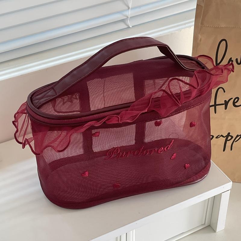 Cute Ruffle Love Embroidery Mesh Makeup Bag, Lightweight Portable Travel Cosmetic Storage Pouch