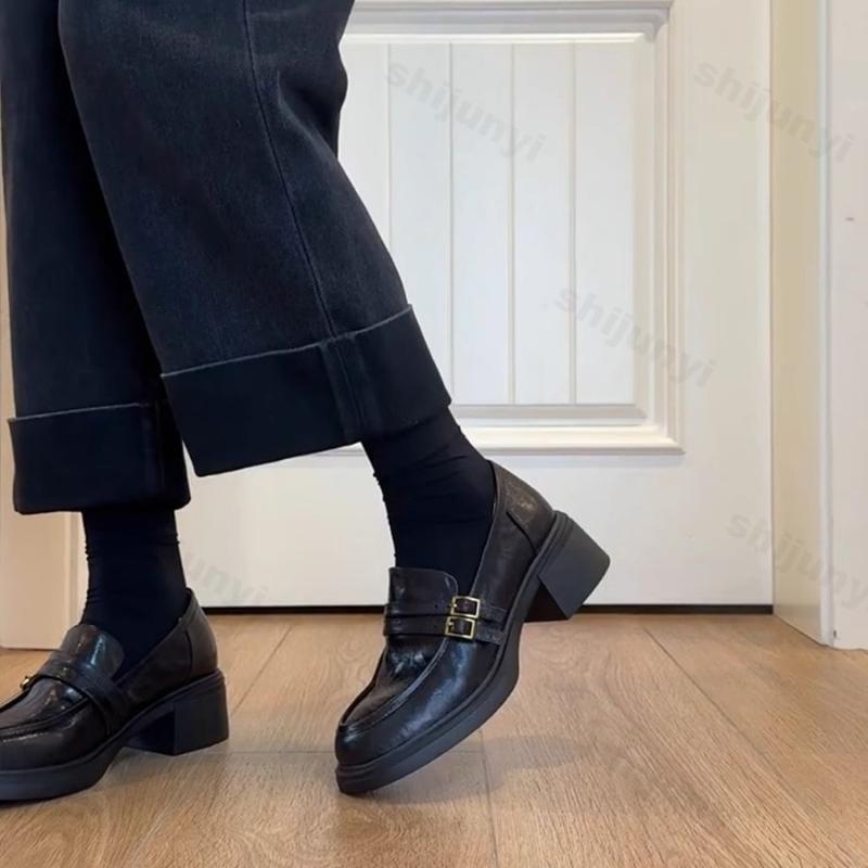 Women Platform Loafers Spring Autumn Slip on Vintage Chunky Leather Shoes Fashion Buckle Strap Height Increase Middle Heel Shoes