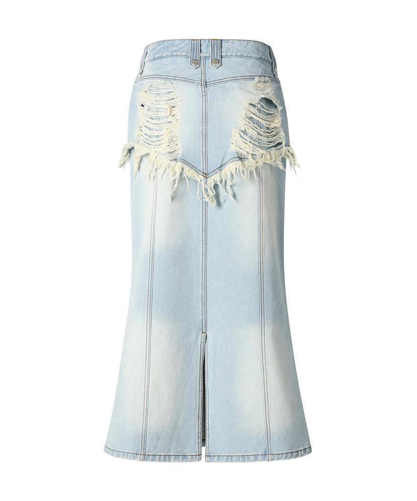 THEVINYLHOUSE Destroyed Double Denim Skirt Light Blue