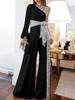 Tuta da donna monospalla con paillettes a gamba larga, vita con cintura, cut-out, tinta unita, outfit da sera